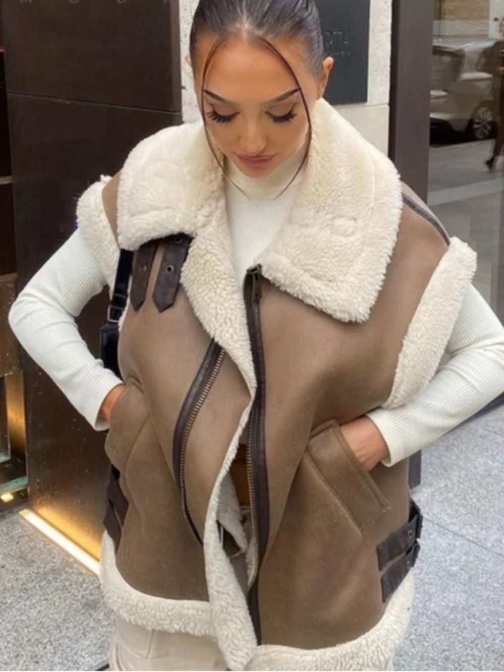 Zara Faux Suede Shearling Vest in Tan and Cream